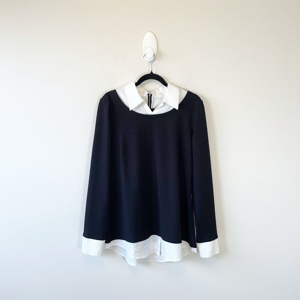 White House Black Market Faux Layered Collared Blouse Top Black Career Size 14